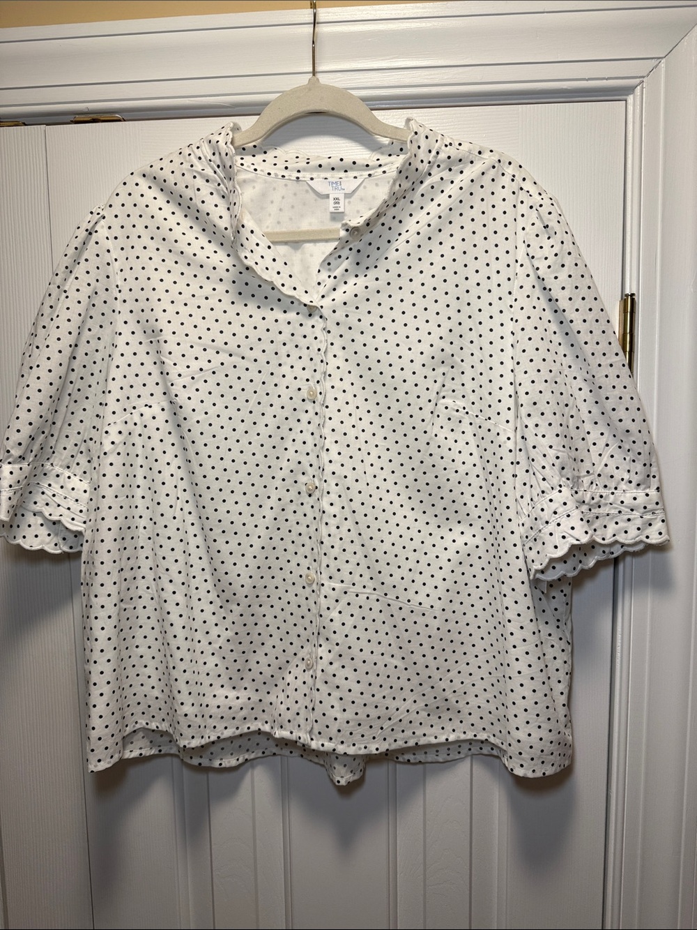 Women’s White and Navy Polka Dot Button-Up Blouse